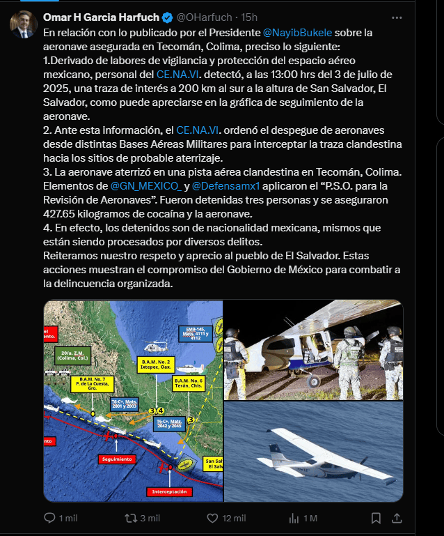 Omar García Harfuch aclara que son mexicanos los que piloteaban narcovuelo