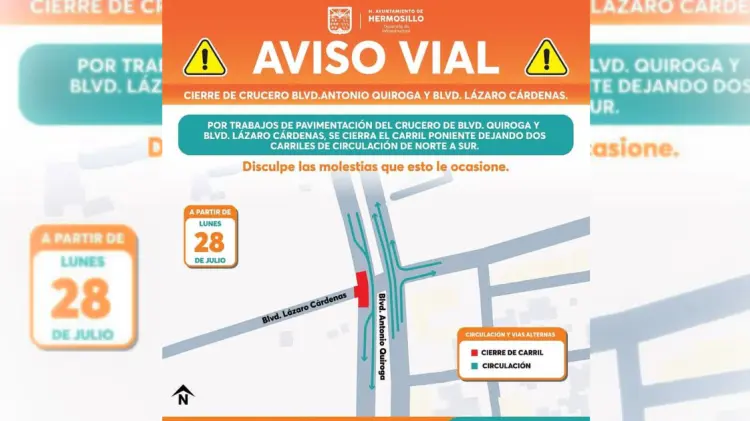 Este lunes se cerrará el crucero de los bulevares Antonio Quiroga y Lázaro Cárdenas