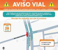 Por obra de pavimentación se cierra crucero de Quiroga y Lázaro Cárdenas