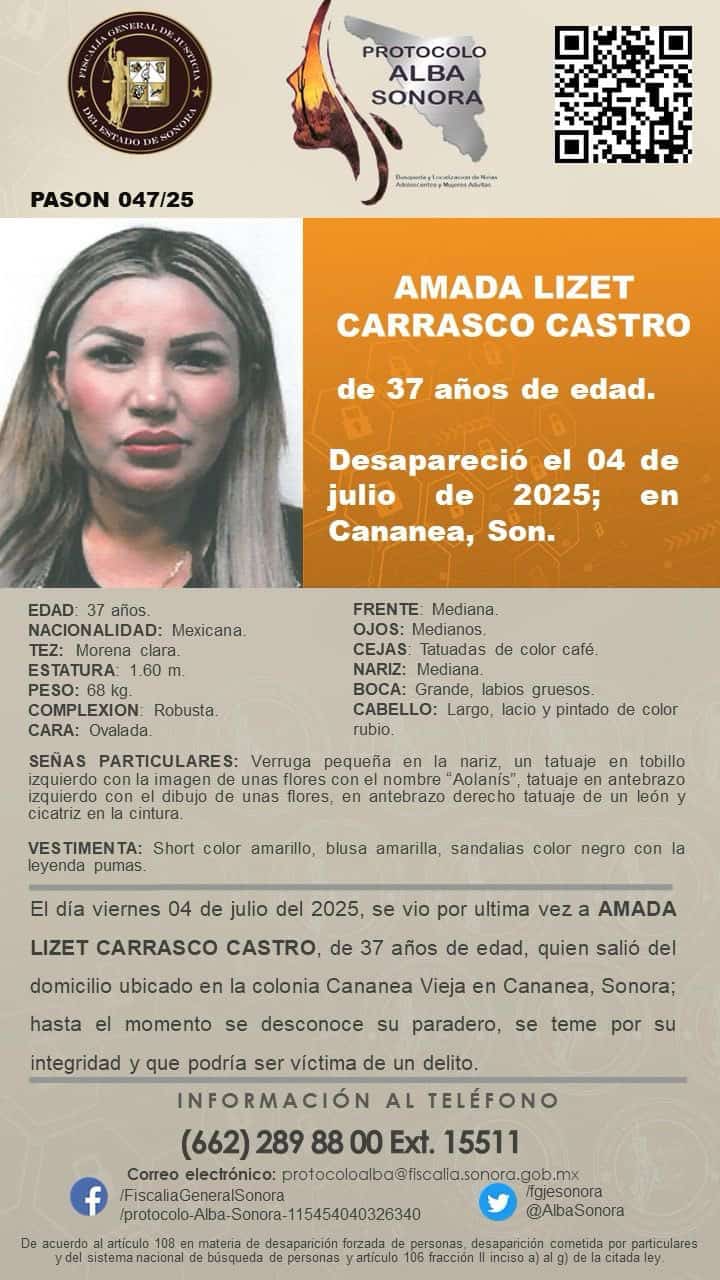 Amada Lizet lleva casi un mes desaparecida; activan Protocolo Alba Sonora