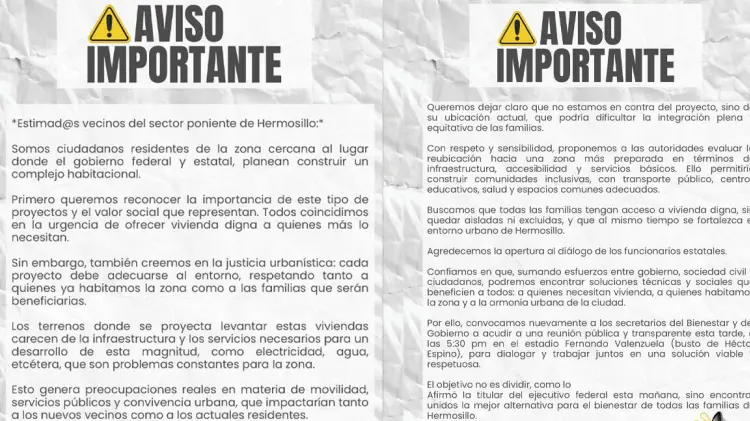 Vecinos de Hermosillo aclaran a Sheinbaum que rechazan ubicación. (Foto: Especial /EXPRESO)