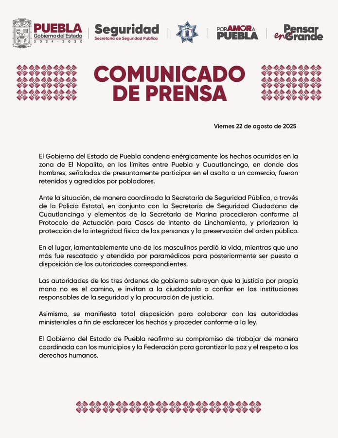 Una persona muere tras linchamiento en Puebla; autoridades llaman a confiar en la justicia