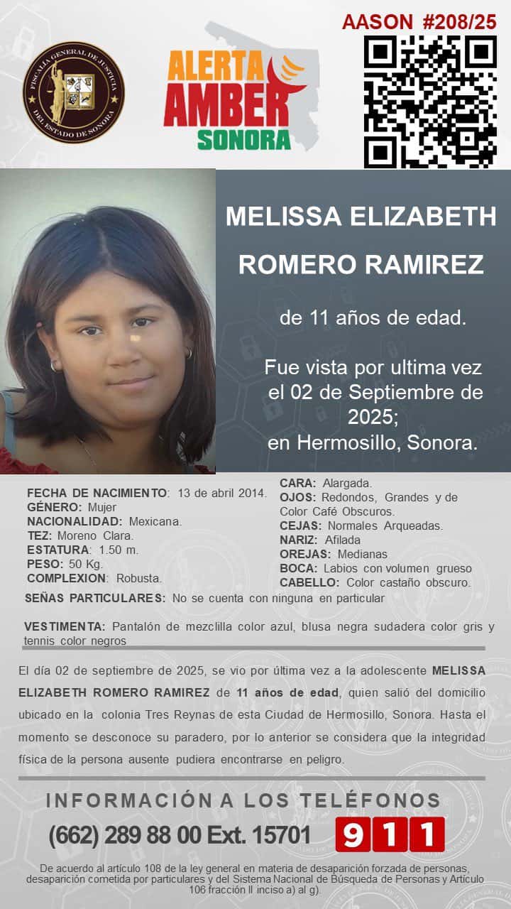 Menor Melissa Elizabeth lleva más de semana desaparecida en Hermosillo