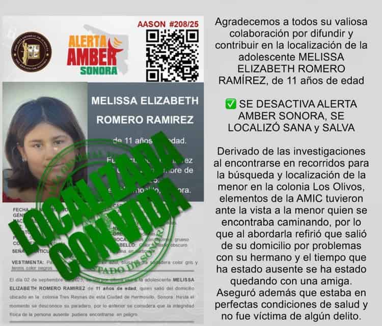 Localizan con vida a Melissa Elizabeth, menor desaparecida en Hermosillo