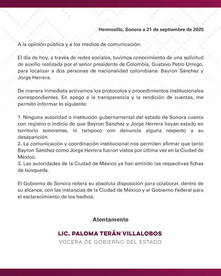 Sonora reitera: músicos colombianos desaparecidos no estuvieron en el Estado
