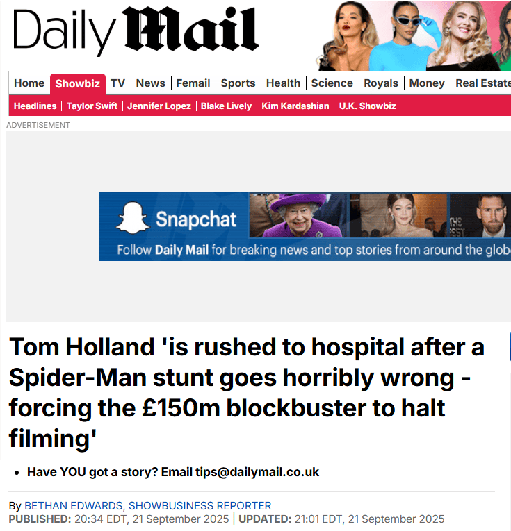 Tom Holland hospitalizado tras golpe durante filmación de Spider-Man