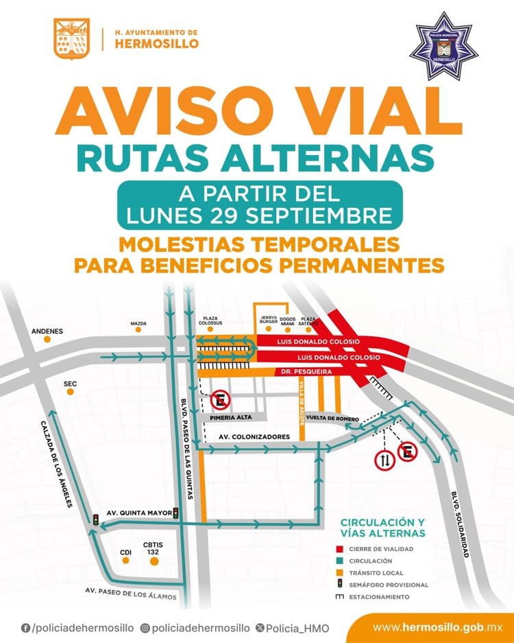Lunes cambian rutas alternas del paso a desnivel del Colosio y Solidaridad