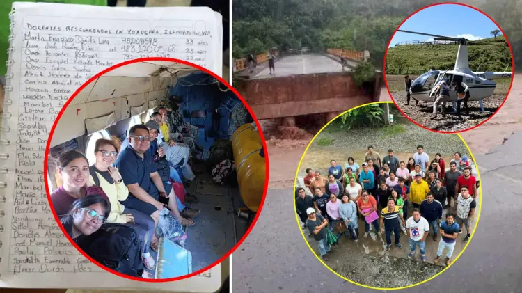 Rescatan en helicóptero a maestros atrapados en escuela de Ilamatlán (Foto: Especial /EXPRESO)