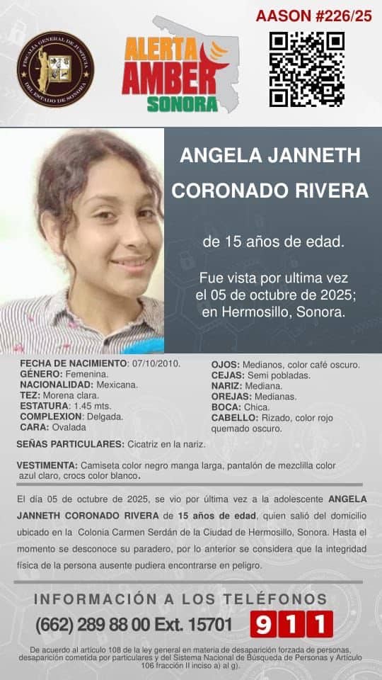 Activan Alerta Amber en Sonora por desaparición de joven de 15 años