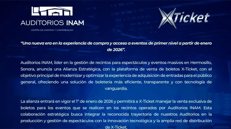 Auditorios INAM y X-Ticket: venta exclusiva en eventos.