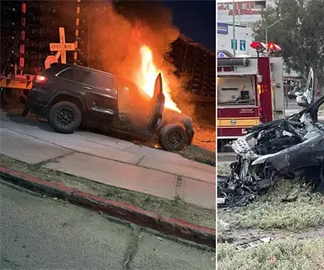 Vehículo es alcanzado por el tren; quedó parcialmente consumido por el fuego