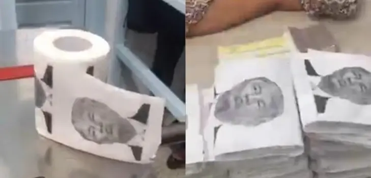 Xóchitl Gálvez dona papel higiénico con la cara de Donald Trump
