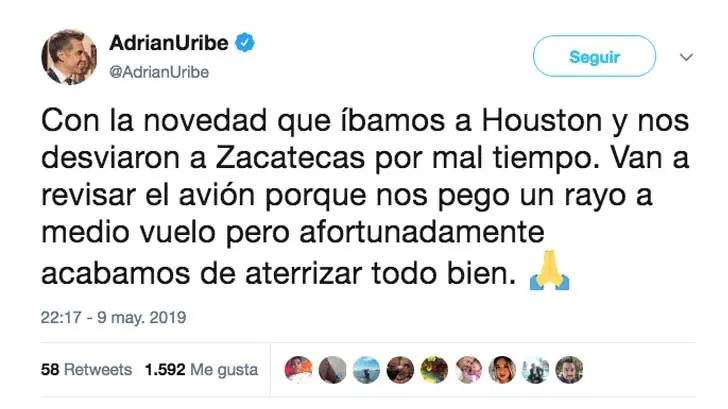 Rayo golpeó avión en el que viajaba Adrián Uribe