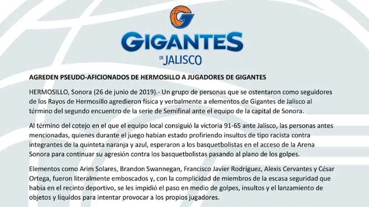 Gigantes de Jalisco defiende a sus jugadores; culpan a aficionados de la agresión