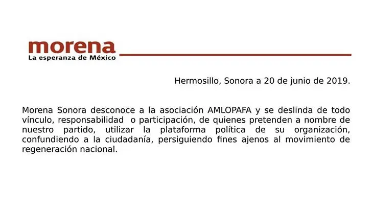 Morena Sonora desconoce a la asociación AMLOPAFA