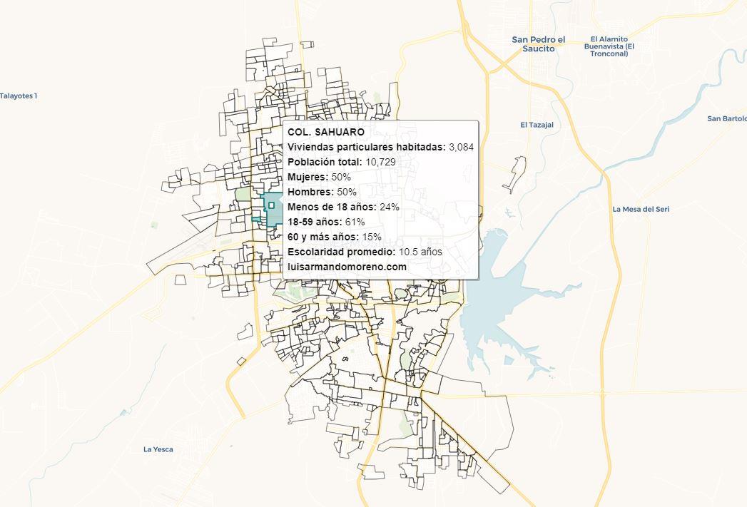 En este mapa interactivo puedes consultar datos poblacionales de las colonias de Hillo