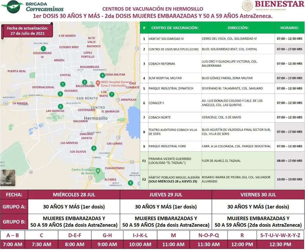 Estos son los puntos de vacunación que estarán disponibles de miércoles a viernes en Hermosillo