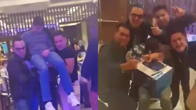 VIDEO - Borracho se saca premio en posada y compañeros lo cargan para que lo recoja