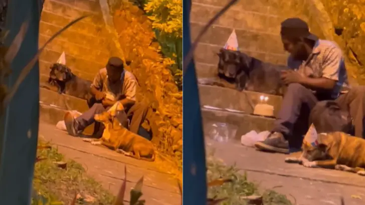 VIDEO | Hombre en situación de calle festeja cumpleaños a su perrito y se hace viral