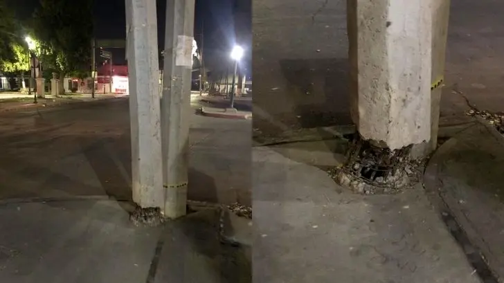 Hermosillo: poste a punto de caerse representa un peligro para transeúntes