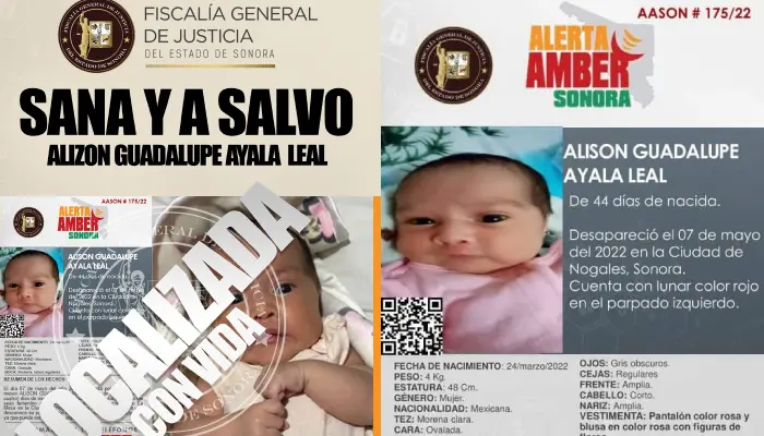 Encuentran en Agua Prieta a Alison, bebé de 44 días sustraída en Nogales